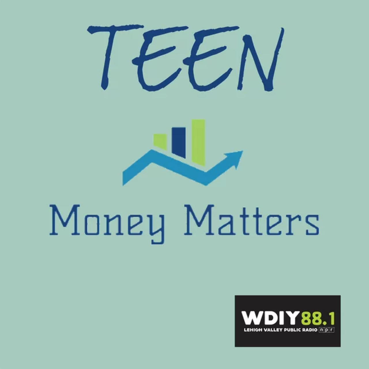 a green background with a logo and the words 'Teen Money Matters' and the logo of a local TV station