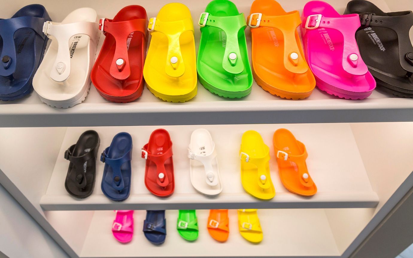 Colorful Birkenstock sandals pictured in the showroom at the company's Neustadt/Wied headquarter