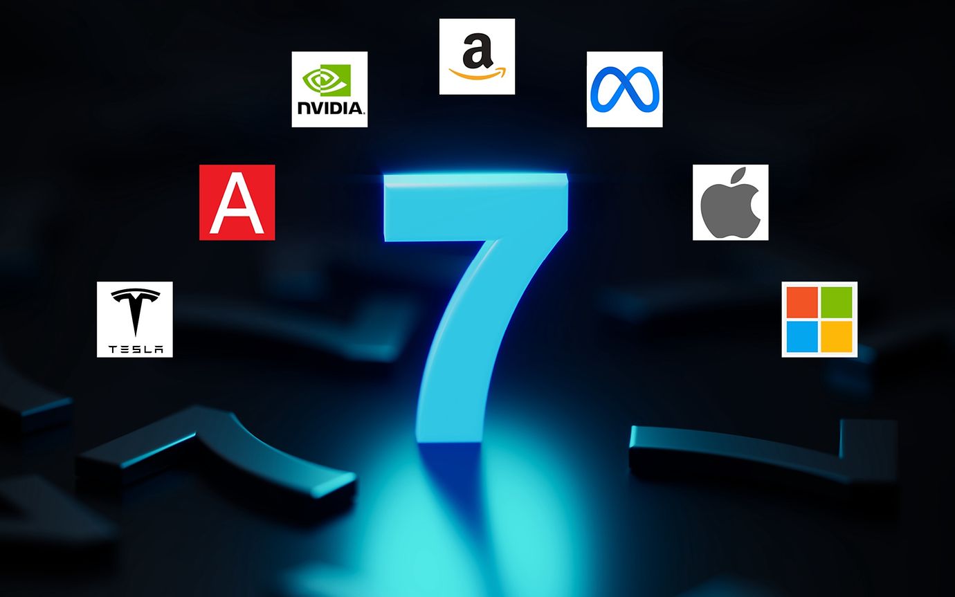 The logos of the seven biggest companies in the digital economy: Alphabet, Amazon, Apple, Meta, Microsoft, Nvidia and Tesla.