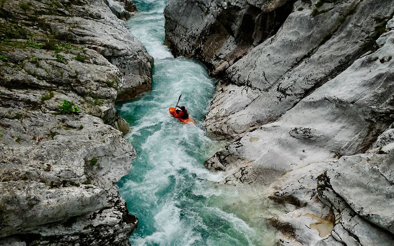 Bird's eye view of a kayak in a gorge