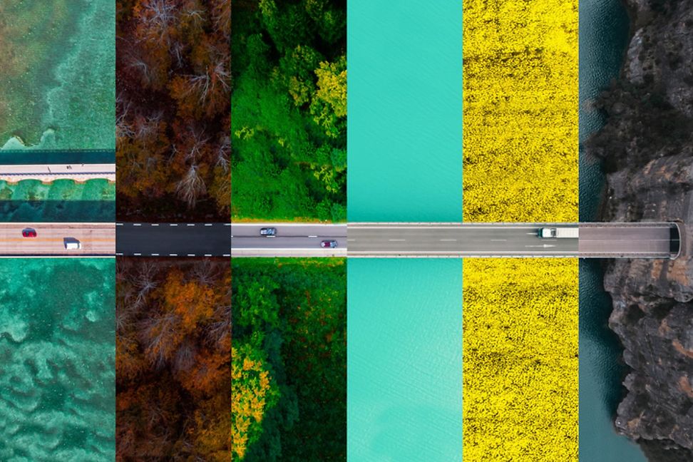 Different landscapes side by side, seen as a bird's eye view