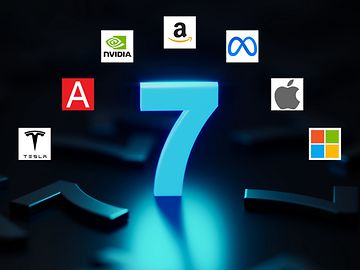 Logos of the Magnificent Seven: Alphabet, Amazon, Apple, Meta, Microsoft, Nvidia and Tesla.