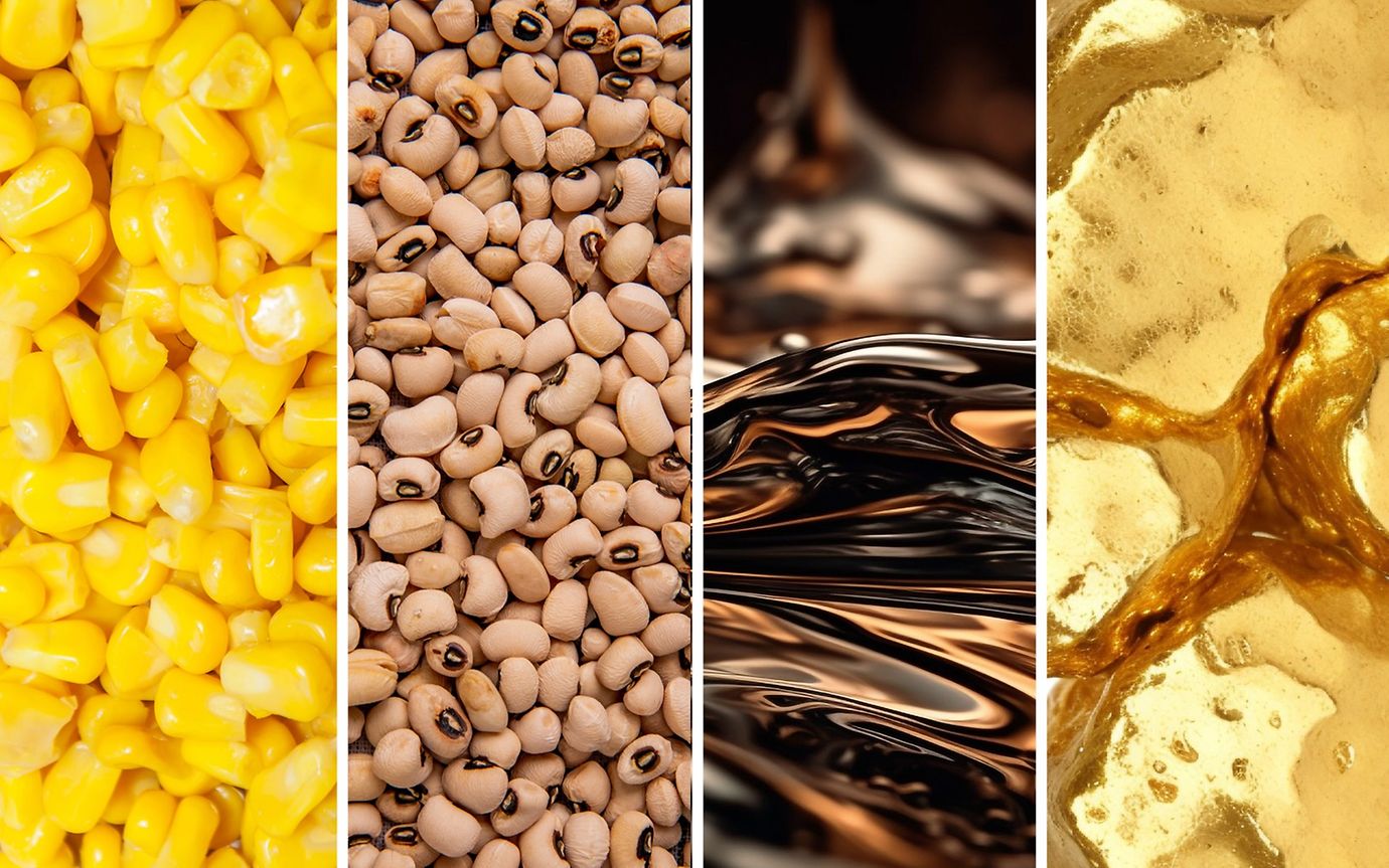 A photographic composition of maize, beans, coffee and gold 