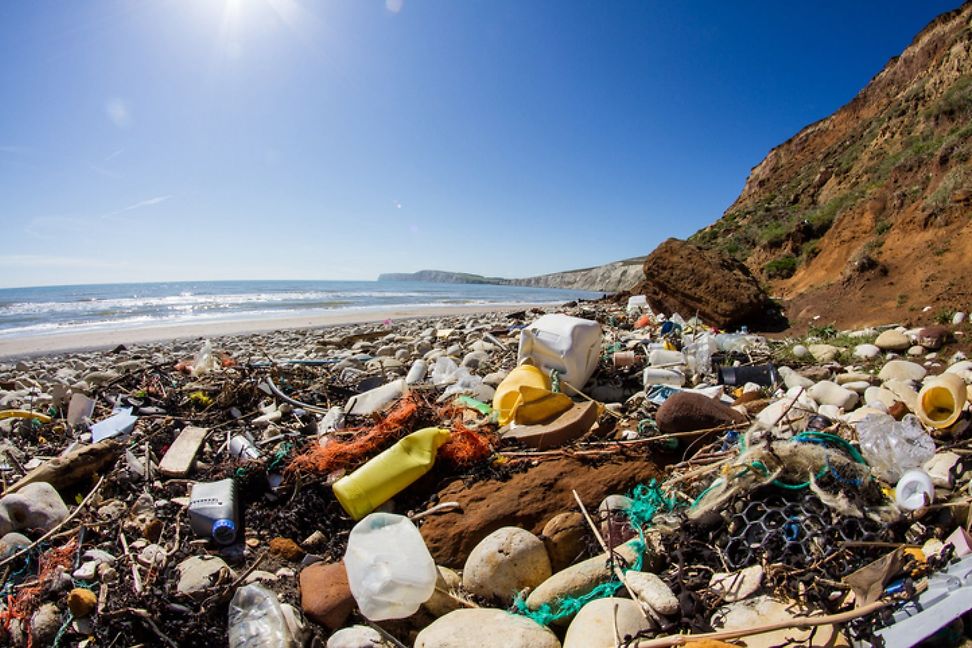 A colourful collection of washed up plastic waste covers a beach.