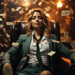 A young woman in a suit, sits in a darkened room where banknotes fly through the air.