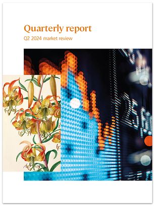 Quarterly Q2 2024 report front cover with flowers and stocks screen.