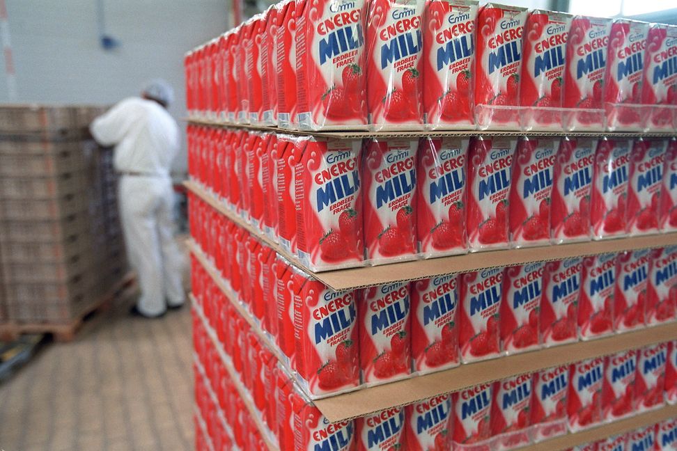 Milk drinks are packed on a pallet in the packaging department.