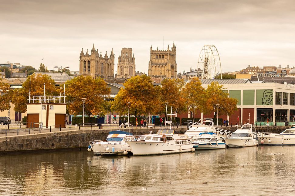 Bristol river and boats in front of Bristol cathedral