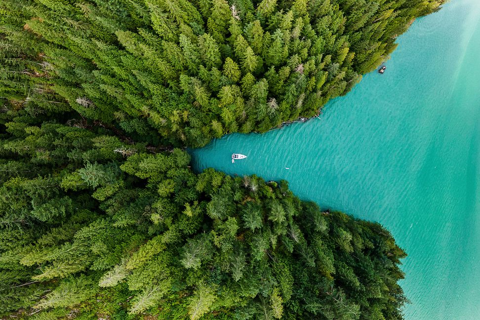 Boat moored in a cove with green forests all around aerial view